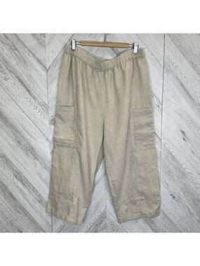 Sympli Wide Leg Ankle Cargo Pants Womens Size Large 100% Linen Pull On Lagenlook